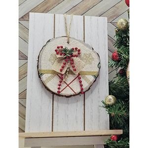 Stately Plaid Burlap Bow Red Accents Wooden Disk Holly Ornament/Gift Tag, 4 inch